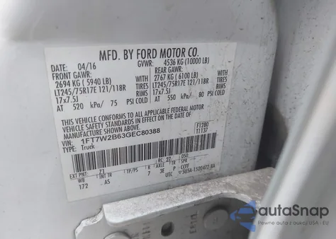 2016 Ford F-250 Xl z USA, uszkodzony, nr VIN 1FT7W2B63GEC80388